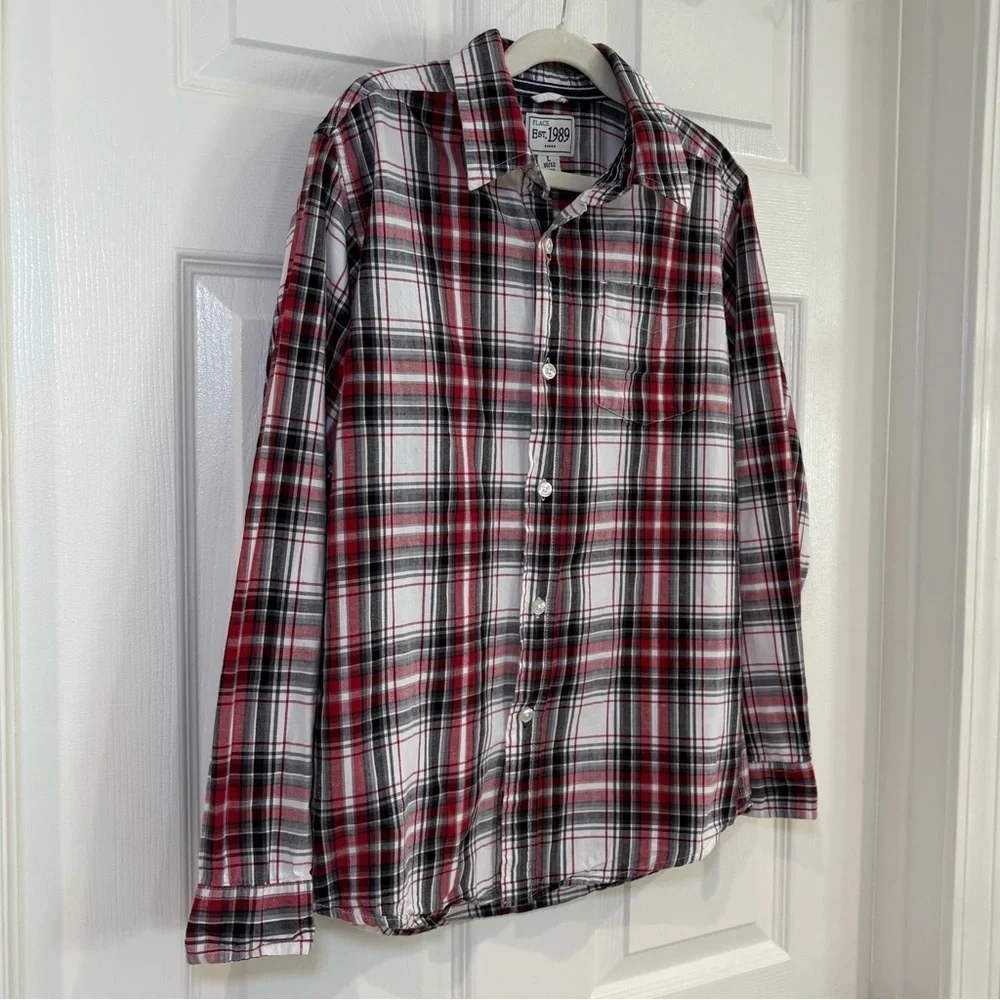 The Children's Place Plaid Long Sleeve Button Down Holiday Boys Shirt Sz L 10/12